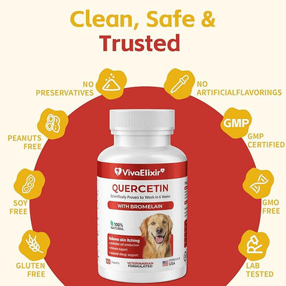 Quercetin & Bromelain Tablets for Dogs — for Skin Allergy, Atopic Dermatitis, Ear Infection Treatment & Joint Inflammation — Immune & Anti-Inflammatory Support — Vet-Formulated