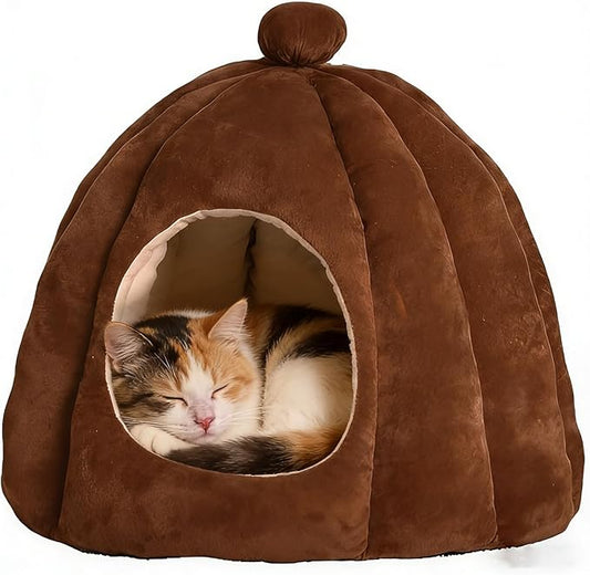 Cat Bed for Indoor Cats - Adorable Cozy Pumpkin Cat Cave with Removable Cushion, Super Soft Pet House Tent for Kittens & Small Pets, Warm & Washable Non-Slip Design(S 15 inch Brown)