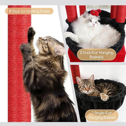 Globlazer Extra Large Gothic Cat Tree Tower, 82in Tall Goth Heavy Duty Cat Tree for Indoor Cats Large Adult Big Cat Tower with 8 Scratching Posts, 2 Condos, 2 Perches, 3 Basket Beds, S82, Red Black