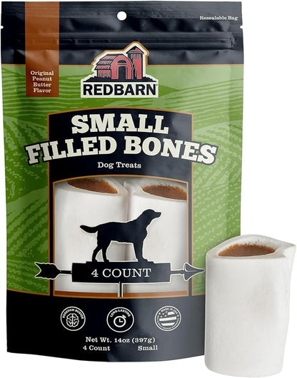 Redbarn Pet Products Small Filled Dog Bones, Peanut Butter Flavor - Long Lasting Stuffed Femur Chew Treat Made in USA - 4 Count - Packaging May Vary