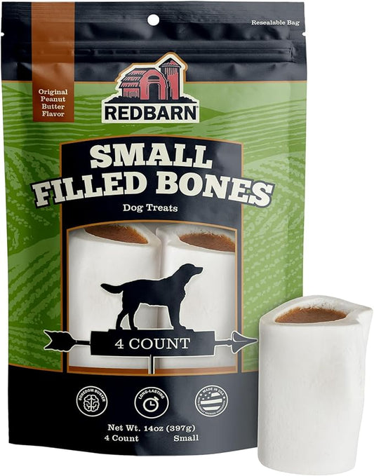 Redbarn Pet Products Small Filled Dog Bones, Peanut Butter Flavor - Long Lasting Stuffed Femur Chew Treat Made in USA - 4 Count - Packaging May Vary