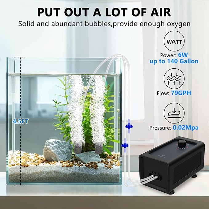 Fishkeeper Aquarium Air Pump, Quiet Powerful Fish Tank Air Pump, 6W/10W Adjustable Oxygen Pump, Metal Dual Outlets Aerator with Air Stone Bubbler for Fish Tank up to 140 Gallon 6W