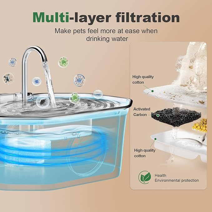 Cat Water Fountain Stainless Steel 108oz/3.2L, APAUK Automatic Pet Fountain Dog Water Dispenser with Water Level Window, Quiet Cat Fountain for Drinking, Inside with Replacement-(2 Filters & 2Sponges)