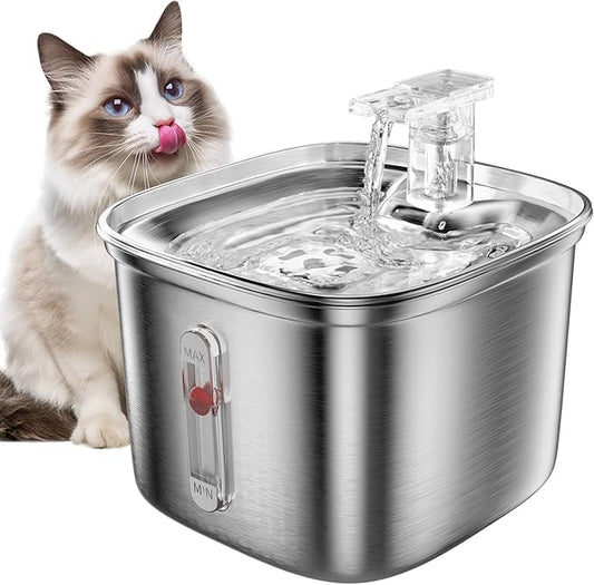Cat Water Fountain, 2.2L Stainless Steel Automatic Pet Fountains for Drinking with Waterfall Effluent, Super Silent Pet Drinking Dispenser with Float Water Level for Cats, Dogs, Multiple Pets