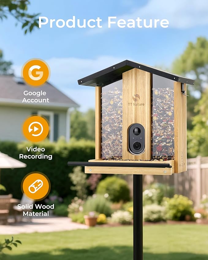 TT Nature Bird Feeder with Camera – 3L Smart Bird Feeder with AI Recognition, Live Streaming, Cloud Storage, Real-Time Alerts, Birdwatching Gift for Nature Lovers (Bamboo)