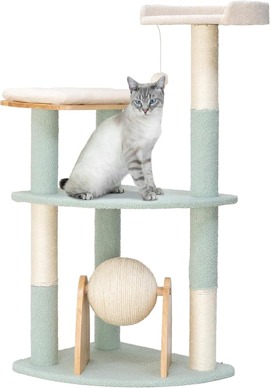 Kitty City Triple Perch Wooden Cat Tower with Scratching Posts & Hanging Toys, Modern Multi-Level Indoor Cat Furniture with Sherpa Beds
