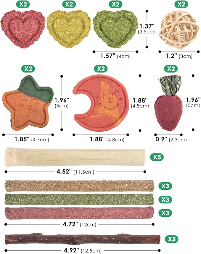 ERKOON 33PCS Bunny Chew Toys for Rabbits Teeth, Natural Rabbit Toys Apple Wood Sticks, Carrot, Timothy Grass Treats for Small Pets, Hamster, Chinchilla, Guinea Pig Dental Care and Treat Teething Toys