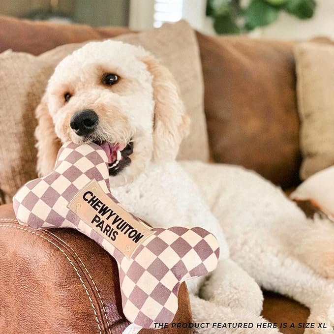 Haute Diggity Dog Checker Chewy Vuiton Bone, Plush Designer Dog Toys with Interactive Squeaker, Stimulating Pet Enrichment, Machine-Washable & Safe Materials for All Breeds, Size XL