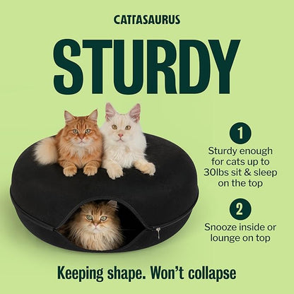 Cattasaurus Peekaboo Cat Cave Donut for Multiple & Large Cats up to 30-45 lbs, 3-in-1 Self Warming Cat Bed, Tunnel & Scratcher for Indoor Cats, Washable & Detachable Small Dog Bed (Black, Jumbo)