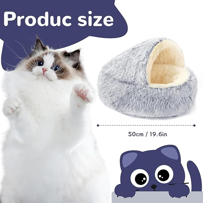 Nest Bed, Round Plush Hooded Cat Cave, Covered Cat Bed for Indoor, Warm Plush Cave Style Cats House with Hood, Anti-Slip, Cozy Winter Sherpa Lounger for Cats and Small Puppies