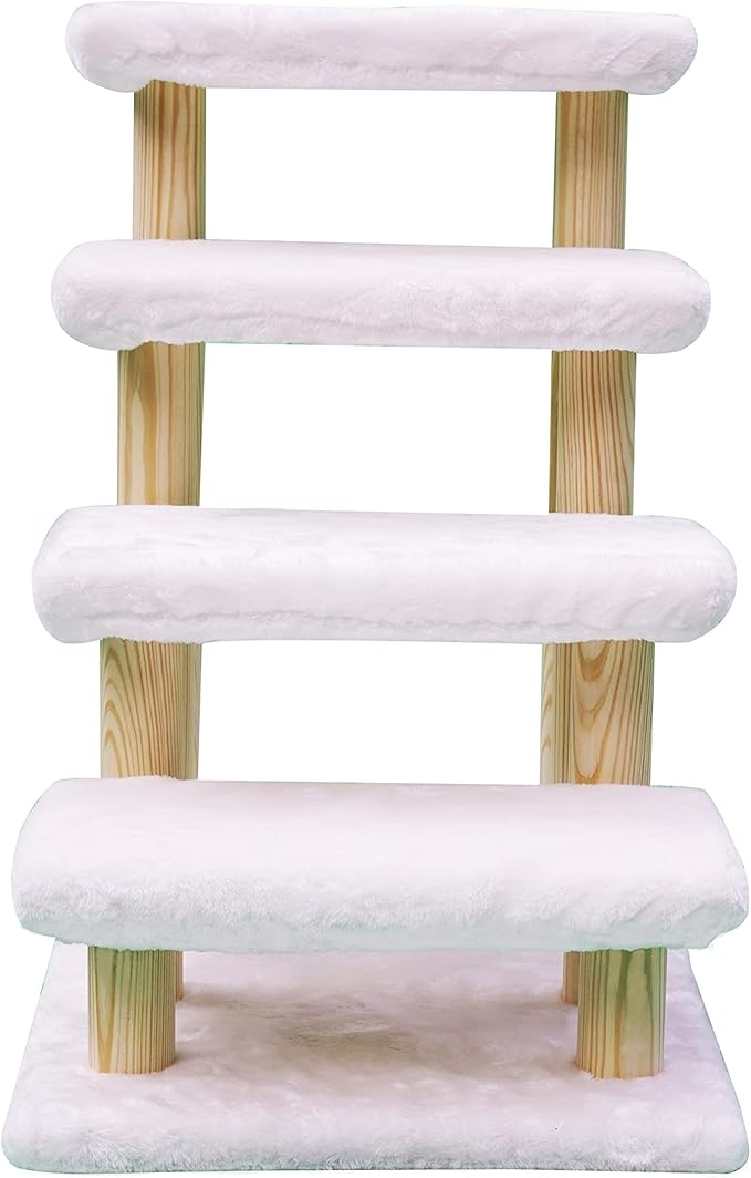 Cowboy Wooden pet Stairs 4-Step pet Ladder cat Dog Easy Stairs with Detachable Carpet for high Bed and Couch (White)