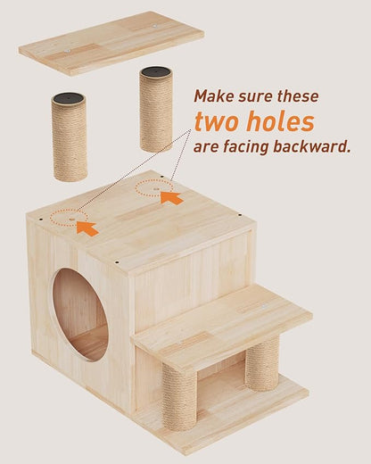 3-in-1 Pet Stairs for Cats, 6.3" Depth Pet Steps for Cat, Wood Cat Stairs for High Bed and Sofa, 1 Condo Cave, Scratching Post, Sturdy Indoor Pet Stairs with Non-Slip Carpet Pads