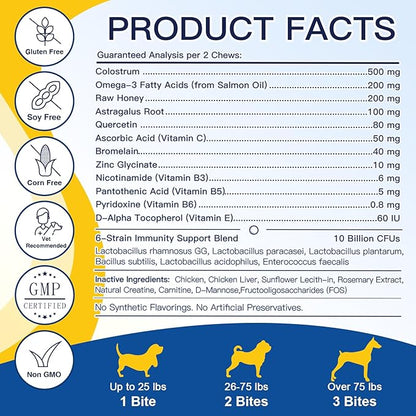 Dog Allergy Relief Chews, Itch Relief for Dogs, Colostrum, Probiotics for Dogs Support Immunity, Omega 3, Honey for Dry & Itchy Skin Relief, Seasonal Allergy, Pawlicking, Hot Spot Treatment, 120 Bites