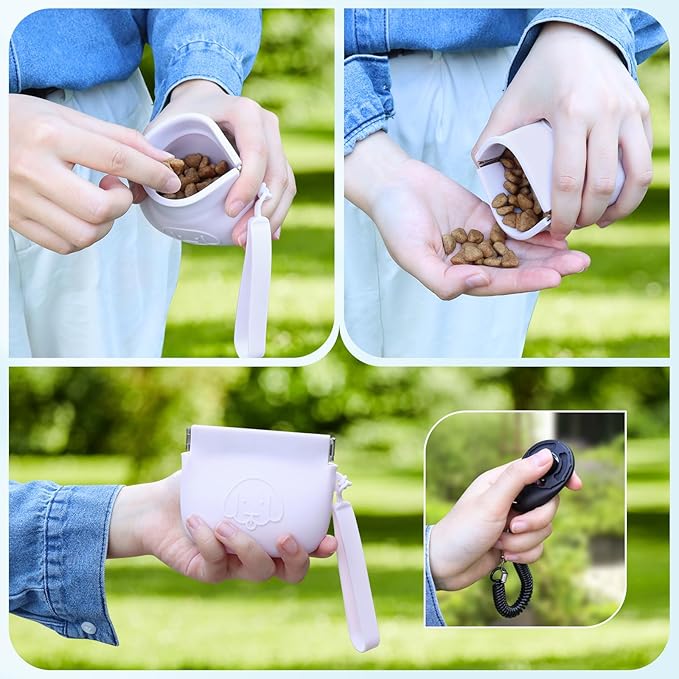 WALLFID Silicone Dog Treat Pouch, Auto Closure, with Pet Training Clicker, Walking Bag for Dog and Cat, Pocket Size, Easy to Clean, Odorless, Travel Walking Bag (Light Purple)