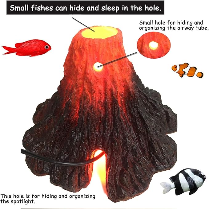 S-Lifeeling Tank Decoration Volcano Ornament Lava Explosion Look Aquarium Decorations with Multi-Color LED Spotlight for Fish Tank (M)