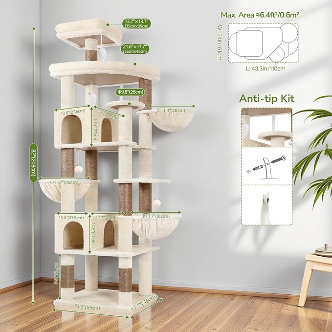 Globlazer Extra Large Cat Tree Tower, 82in Tall Heavy Duty Cat Tree for Indoor Cats Large Adult Big Cat Tower with 8 Scratching Posts, 2 Cat Condos, 2 Top Perches, 3 Hanging Baskets, S82, Beige