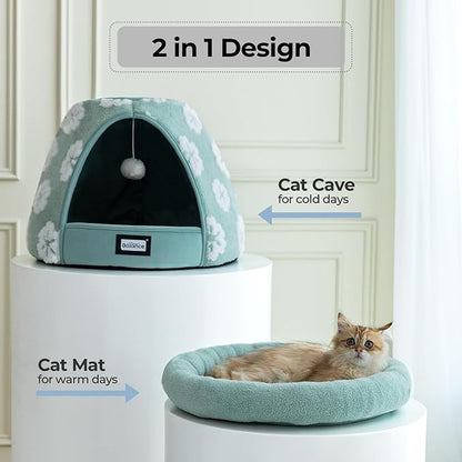 BALANCE Cat Beds for Indoor Cats, 2-in-1 Cat Bed Cave with Anti-Slip Bottom and Ultra-Soft Plush, Cozy Cats House Tent for Kittens and Small Dogs, 19 Inches, Green