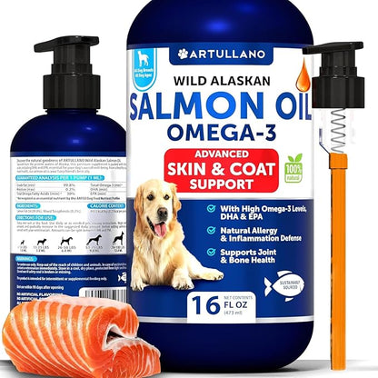 Salmon Oil for Dogs - Omega 3 for Dogs - 16 FL OZ Wild Alaskan Salmon Fish Oil - Natural EPA & DHA Fatty Acids for Skin & Coat, Allergy, Joint & Bone Health - Liquid Support Supplement for Shedding