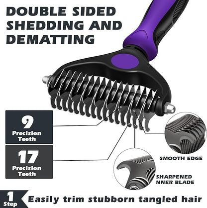 3PCS Self Cleaning Slicker Brush & Pet Grooming Rake & Bath Brush for Dogs,Cats and Horses | Double-Sided Dematting Comb & Skin Friendly Deshedding Grooming Tool | Pet Supplies (Purple Black)