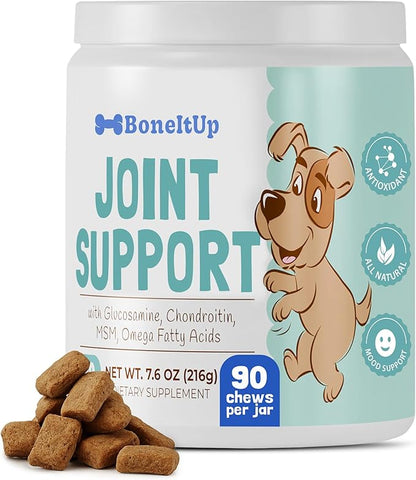 BoneItUp Soft Dog Joint Support Supplement Chews for Aging, Large & Overweight Pets - Glucosamine, Chondroitin, MSM & Omega - Advanced Hip & Joint Supplement for Dogs - Pet Bone Support Treats (90 Ct)