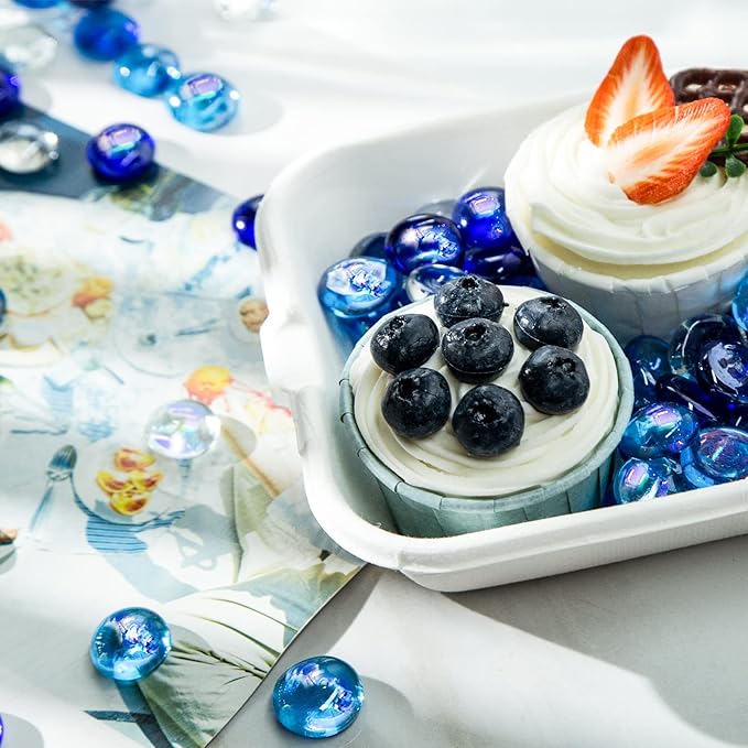 FUTUREPLUSX 1LB Iridescent Flat Glass Marbles, Vase Fillers Blue Mixed Glass Beads Rocks for Fish Tank Aquarium Decor DIY Craft