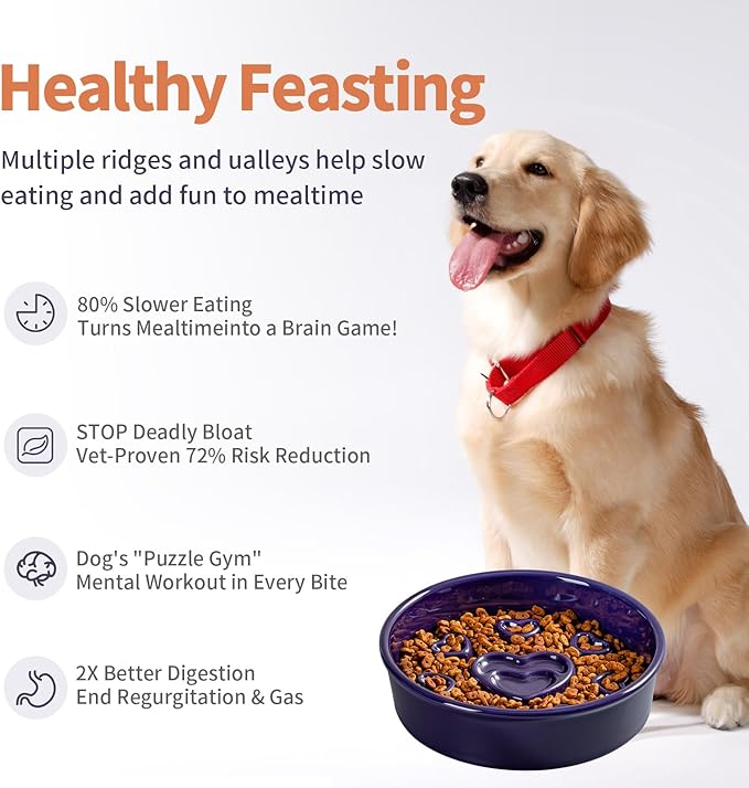 Ceramic Slow Feeder Dog Bowl, 4-Cup Anti-Slip Puzzle Feeder for Medium/Large Dogs, Indoor/Outdoor Pet Bowl for Fast Eaters - Light Blue（Love）