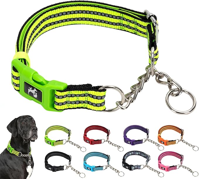 Green Reflective Martingale Dog Collar with Buckle- Night-Safe, Anti-Slip Training Collar Designed for Secure Walks - Large