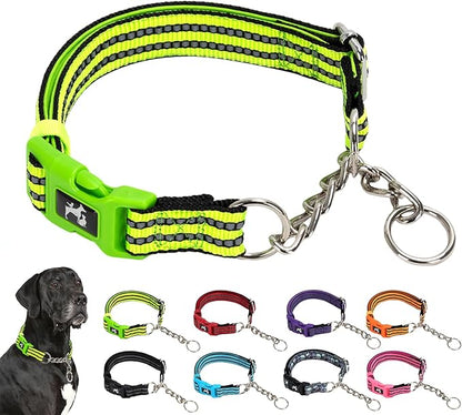 Green Reflective Martingale Dog Collar with Buckle- Night-Safe, Anti-Slip Training Collar Designed for Secure Walks - Large