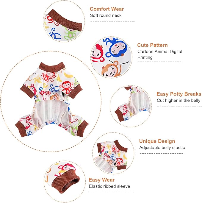 Dog Pajamas for Small Dogs Male Female, Lightweight Velvet Pet Jumpsuit, Stretch Fleece Dog Outfit, Spring Winter Puppy Clothes, Pjs, Onesie Puppy Apparel, Small, Brown Monkey