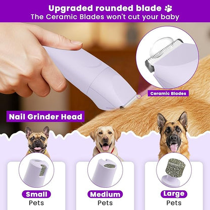 Dog Paw Trimmer - 4-in-1 Dog Clippers Grooming Kit with Low Noise & IPX7 Waterproof Design Includes Comb Paw Trimmer Nail Grinder - Rechargeable & Cordless Pet-Friendly Clipper (Purple)
