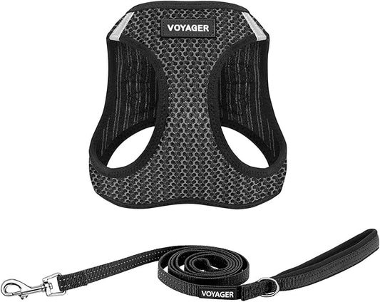 Voyager Step-in Air All Weather Mesh Harness and Reflective Dog 5 ft Leash Combo with Neoprene Handle, for Small, Medium and Large Breed Puppies by Best Pet Supplies - Gray (2-Tone), L