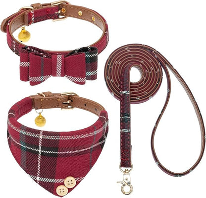 KOOLTAIL Small Dog Collar and Leash Set with Bowtie and Bells - Puppy Collar and Leash for Female with Classic Plaid Matching Pattern, Soft Leather Tangle Free Leashes for Small Dogs Boys Girls, Red
