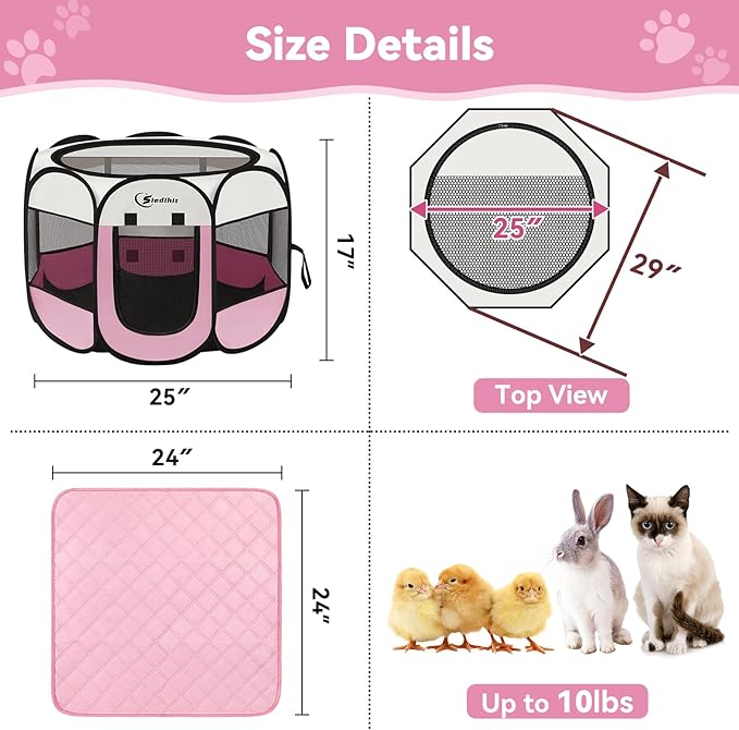 Dog Cat Playpen, Puppy Pet Playpen Indoor for Small Dog Crate Tent Cage Outdoor, Portable Pop Up Dogs Enclosure Kennel with Carrying Case for Dogs/Cats/Rabbits(Pink, Small with pad)