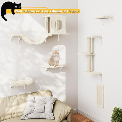 6-in-1 Cat Wall Shelves, Wooden Climbing Wall with Scratching Post, Wall Mounted Cat Furniture for Climbers, Space-Saving Cat Wall for Play & Rest, Drywall & Solid Walls