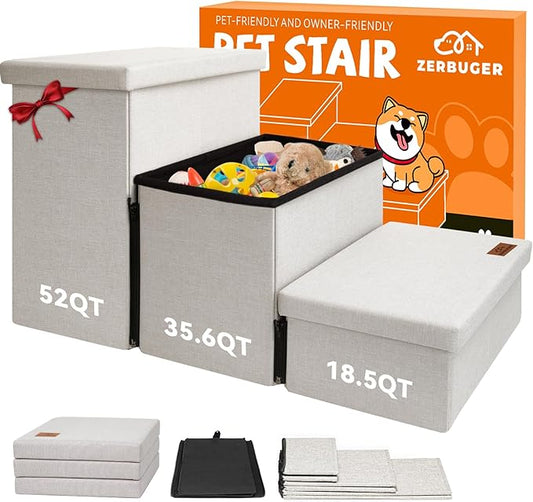 Dog Stairs with Storage 18" H, 3-Step Wider Dog Steps for Small/Medium/Large Old Dogs Cats, Folding Sturdy Pet Stairs Climbing Bed or Couch, Ramp for Car Up to 200 lbs (Beige, No Condo)