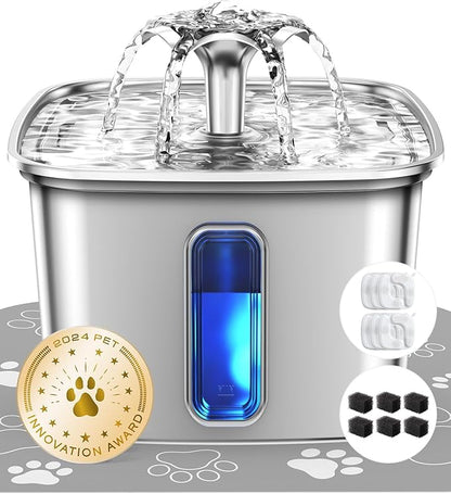 Veken Innovation Award Winner Stainless Steel Cat Water Fountain, 108oz/3.2L Automatic Pet Fountain Dog Water Dispenser with 6 Replacement Filters & Silicone Mat for Cats, Dogs, Multiple Pets (Silver)