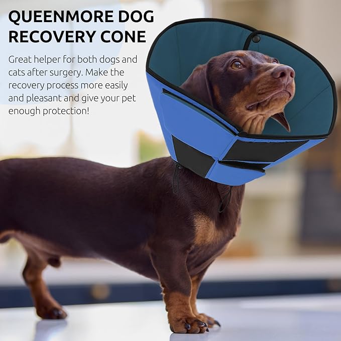 Queenmore Dog Cones for Large Dogs, Soft Dog Cone for Large Breeds, Cone for Dogs After Surgery, Adjustable Elizabethan Collar for Pet to Prevent Licking Wounds, Blue L