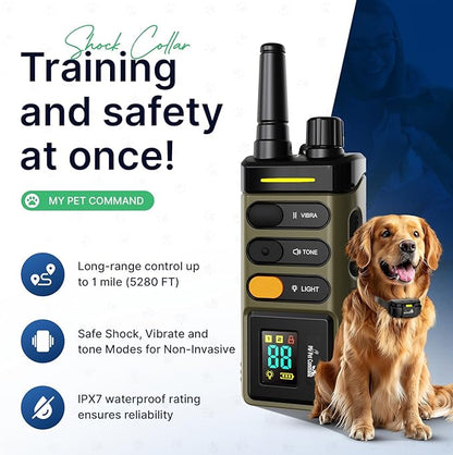 My Pet Command Long Range Dog Training Collar with Remote 1 Mile/5280 Ft, Safe Shock, Vibrate, Tone, Flashing Beacon Lights, Rechargeable Waterproof Remote Device, add up to 2 Collars. 2 Collar Pack