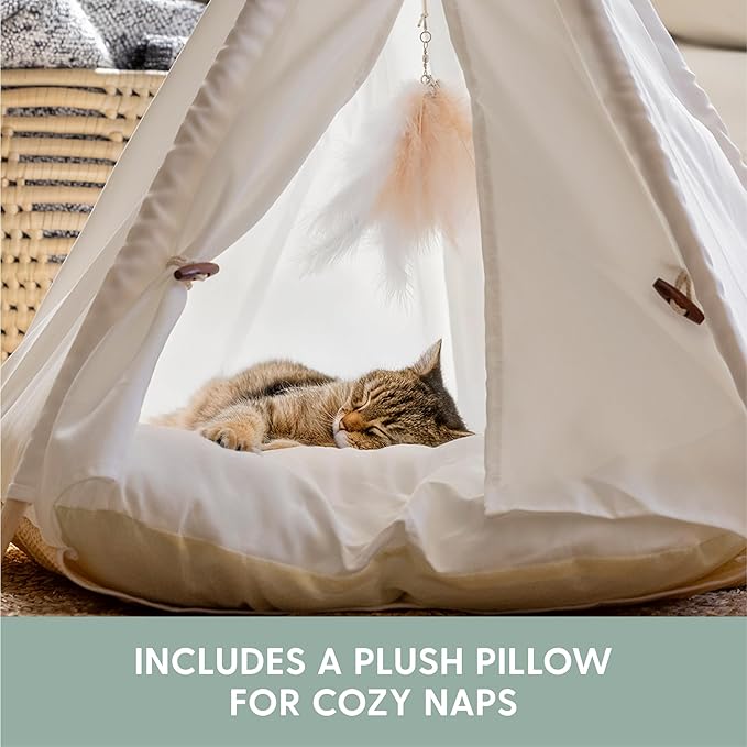 The Cat Ladies Cat Teepee - White Small Dog Tent Bed with a Soft Inner Cushion - Indoor Pet Teepee with Wooden Poles for Cats Dogs Rabbit and Bunny - with Feather Toys
