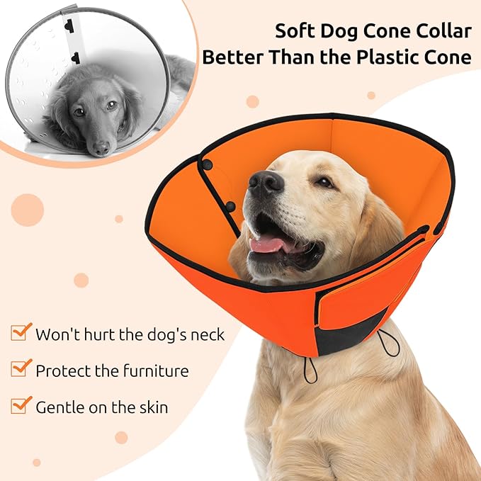 Queenmore Dog Cone, Dog Cone for Large Dogs, Soft Dogs Cone Collar After Surgery for Neutering, Breathable Pet Cones, Adjustable E-Collar Alternative to Stop Licking, Orange XL