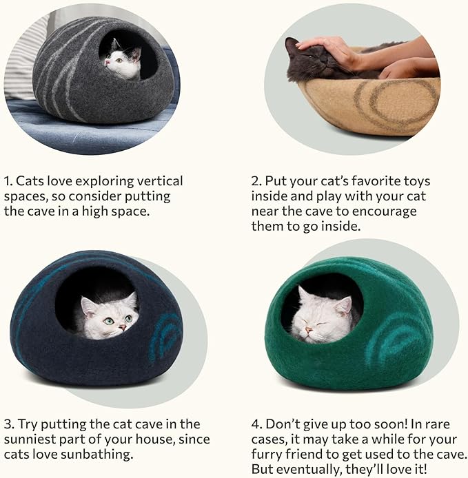 MEOWFIA Cat Cave – Premium Felt Cat Bed for Indoor Cats, Handmade 100% Merino Wool, Cat (Beige, Medium)