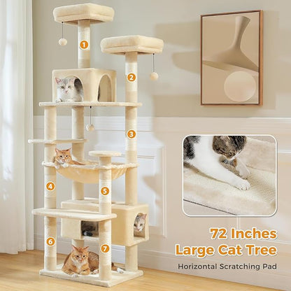 PAWZ Road Large Cat Tree, 72 Inches Cat Tower for Large Cats, Cat Condo with Sisal-Covered Scratching Posts and Pads, 2 Padded Perch, Dual Condo and Basket for Indoor Cats-Beige