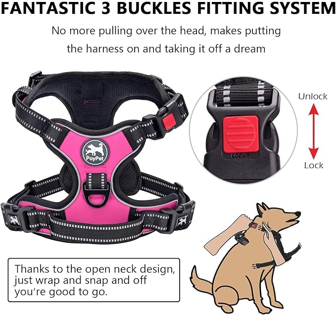 PoyPet Dog Harness and Leash Combo, Escape Proof No Pull Vest Harness, with 5 Feet Leash, Reflective Adjustable Soft Padded Pet Harness with Handle for Small to Large Dogs(Pink,L)