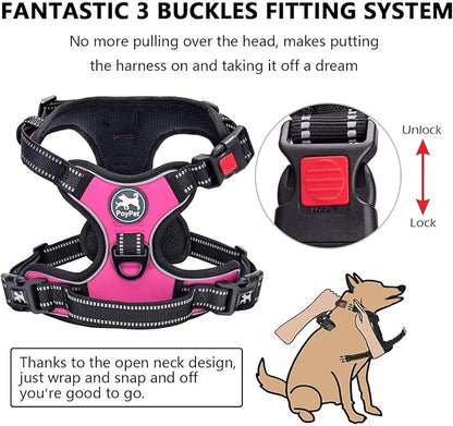PoyPet Dog Harness and Leash Combo, Escape Proof No Pull Vest Harness, with 5 Feet Leash, Reflective Adjustable Soft Padded Pet Harness with Handle for Small to Large Dogs(Pink,L)