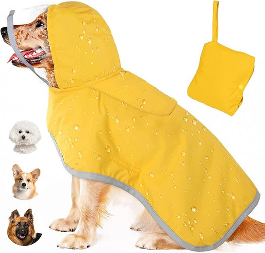 Reflective Dog Raincoat with Hood, Reflective Rain Jacket for Dogs, Adjustable Dogs Rain Coat Poncho with Straps for Small Medium Dogs, Lightweight Puppy Clothes for Puppies (Yellow, L)