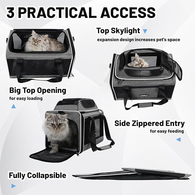 PAPZER Cat Carrier Top-Expandable 18x11x11, United Delta American Airline Approved Dog Carrier, Soft-Sided Pet Carry Bag Under-Seat in Cabin, Puppy Airplane Travel Crate TSA Plane Kitten Cage Grey