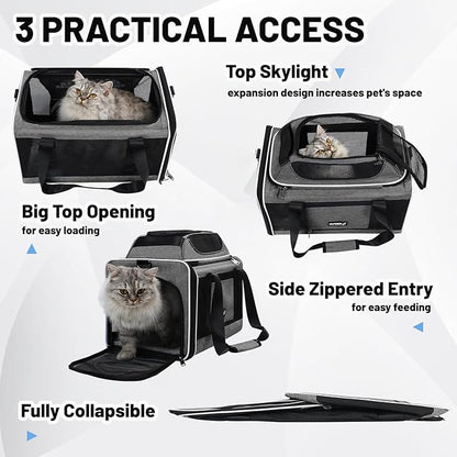 PAPZER Cat Carrier Top-Expandable 18x11x11, United Delta American Airline Approved Dog Carrier, Soft-Sided Pet Carry Bag Under-Seat in Cabin, Puppy Airplane Travel Crate TSA Plane Kitten Cage Grey