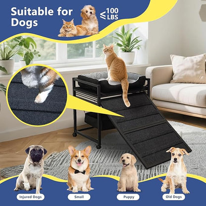 Movable Structure Pet Stairs Ramp with Cats/Dogs Chair with Ramp High Beds, Folding Pet Steps for Medium and Small Dogs, Cat Ladder, with Storage Cabinet