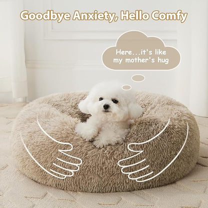 WNPETHOME Calming Dog Bed & Cat Bed, Anti-Anxiety Donut Small Dog Beds, Fluffy Faux Fur Cat Cushion Dogs Bed for Small Dogs and Pet (24 x 24 Inch, Brown)