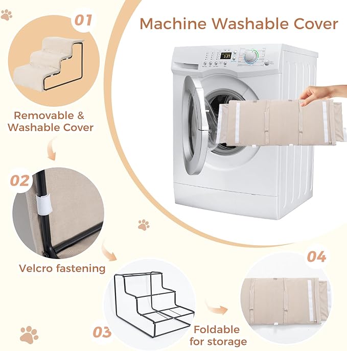 Dog Stairs for Small Dogs and Cats 15.4" H 3-Step Dog Steps for High Bed Couch and Sofa Pet Stairs with Supporting Board Pet Ramp with Non-Slip Bottom Washable Cover